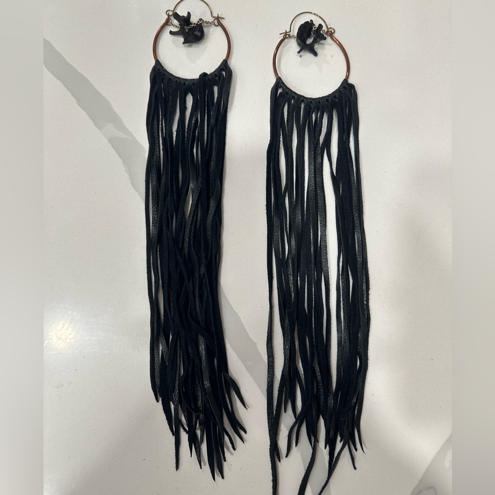 Leather fringe and vertabrae hoop earrings
